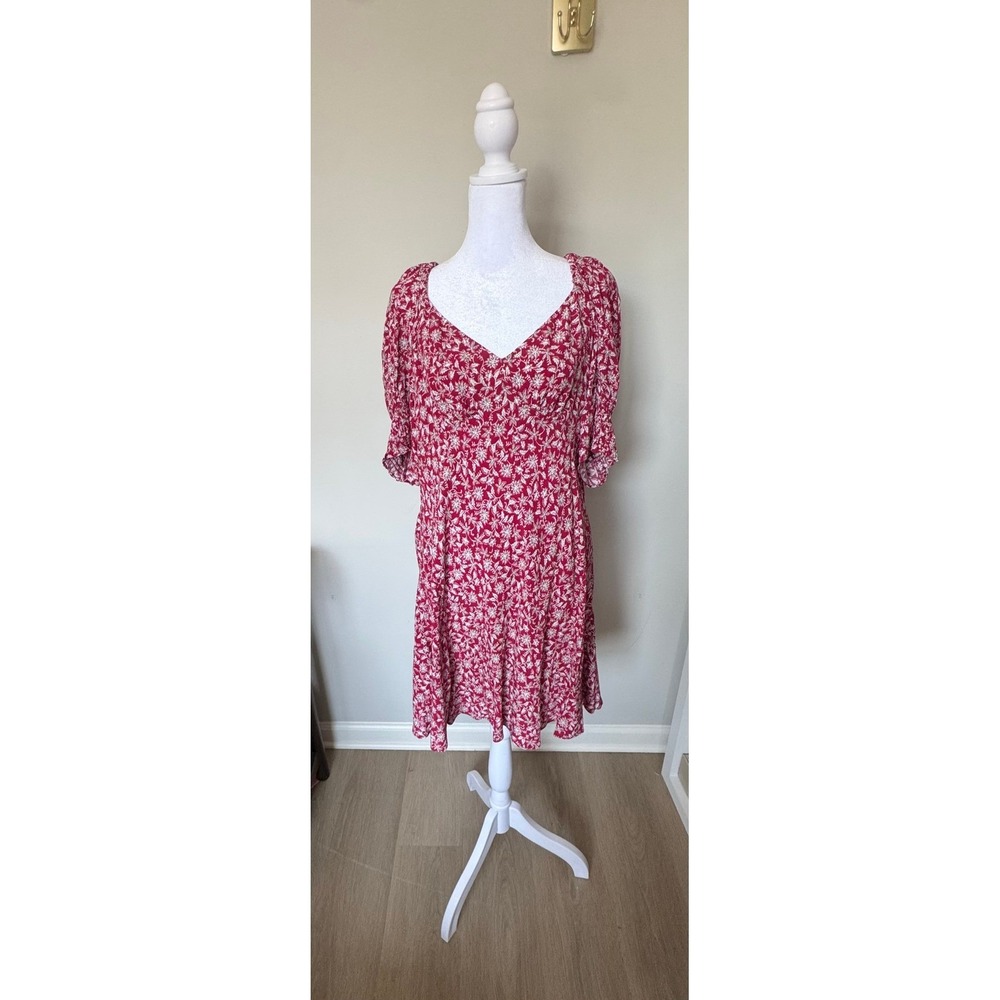 Madewell Red‎ Floral Puff Sleeve Smocked Mini Dress Size 14 Sweetheart Neck
